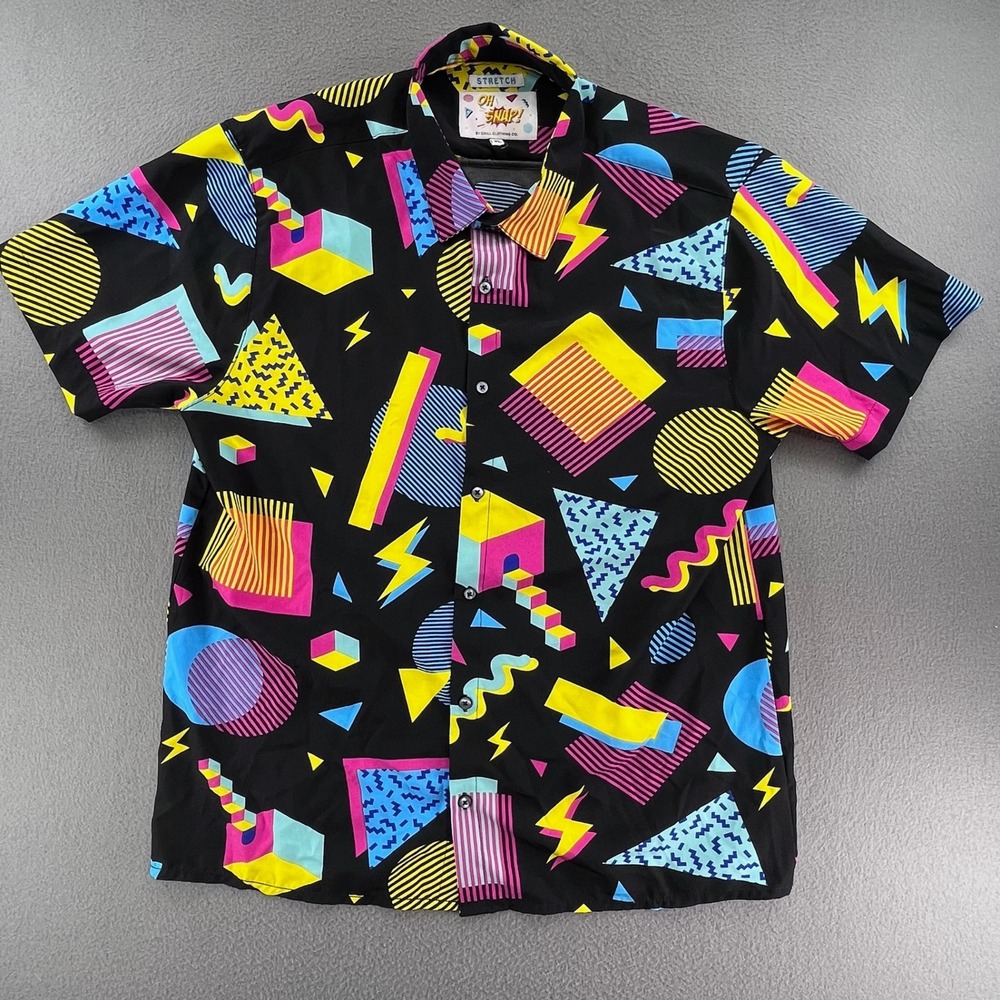Oh Snap Men‎ Shirt XL 90s Memphis Geometric Neon Retro Stretch Button Up Black